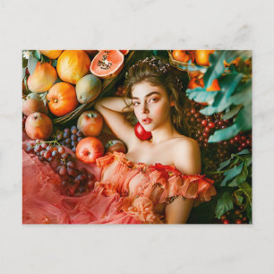 Woman with fruits and flowers portrait style postcard
