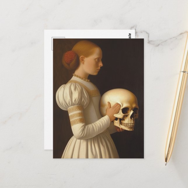 Woman With Giant Skull Vintage Painting Postcard (Front/Back In Situ)