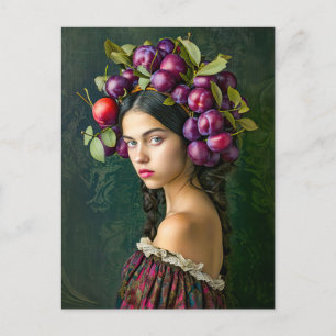 Woman with Grapes and Plum Crown Holiday Postcard