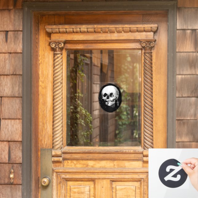 Woman With Halloween Cranium Reflection In Mirror Window Cling (Home Door)