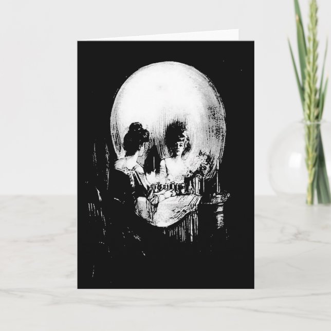 Woman with Halloween Skull Reflection In Mirror Card (Front)