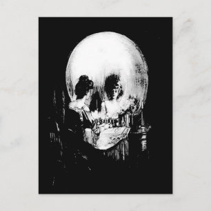 Woman with Halloween Skull Reflection In Mirror Postcard
