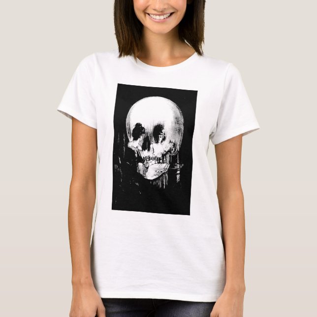 Woman with Halloween Skull Reflection In Mirror T-Shirt (Front)