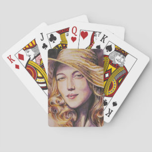 Woman with hat playing cards