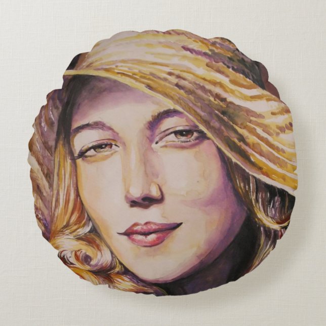 Woman with hat round cushion (Front)
