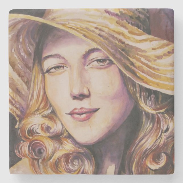 Woman with hat stone coaster (Front)