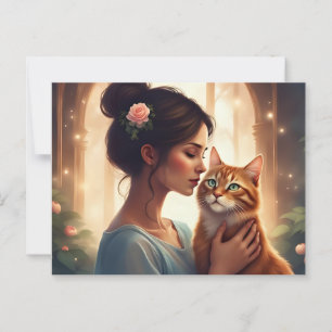 Woman with her Orange Cat Postcard