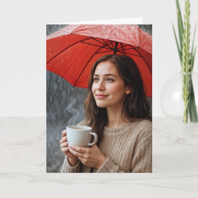Woman With Hot Coffee Cup Under a Red Umbrella Card (Front)