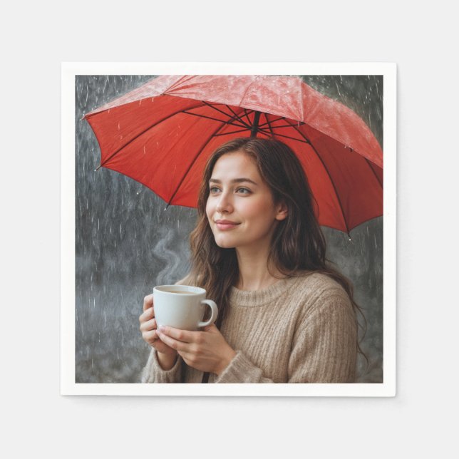 Woman With Hot Coffee Cup Under a Red Umbrella Napkin (Front)