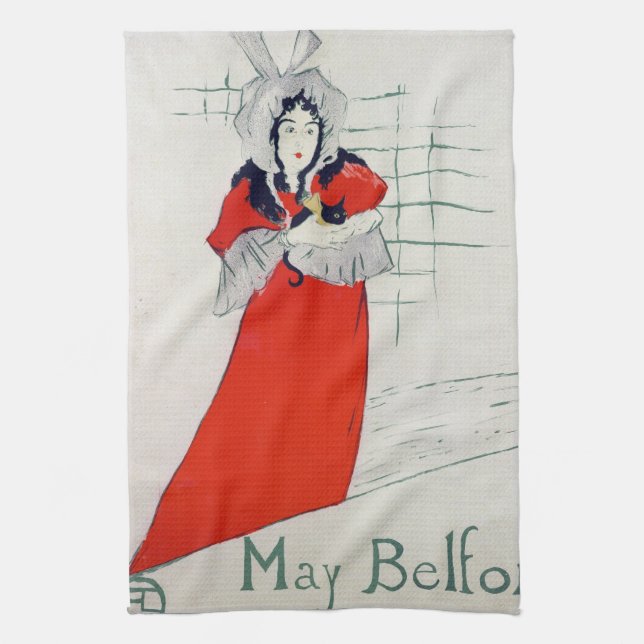 Woman with Kitten, Henri de Toulouse-Lautrec Tea Towel (Vertical)