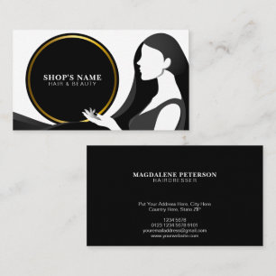 Woman with Long Hair Black Gold Circle Frame Business Card