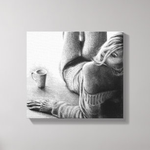 Woman with morning coffee Pencil drawing art Canvas Print