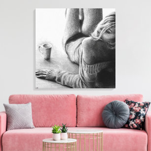 Woman with morning coffee Pencil drawing art Canvas Print