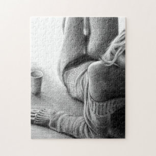 Woman with morning coffee Pencil drawing art Jigsaw Puzzle