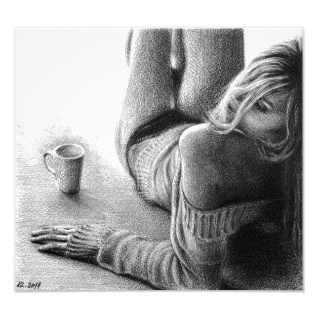 Woman with morning coffee Pencil drawing art Photo Print (Front)