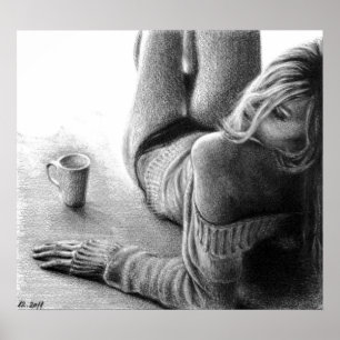 Woman with morning coffee Pencil drawing art Poster