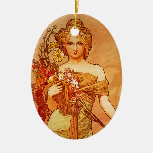 Woman with Oragna Bouquet Ceramic Tree Decoration (Front)