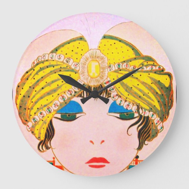 WOMAN WITH ORIENTAL YELLOW TURBAN / Beauty Fashion Large Clock (Front)