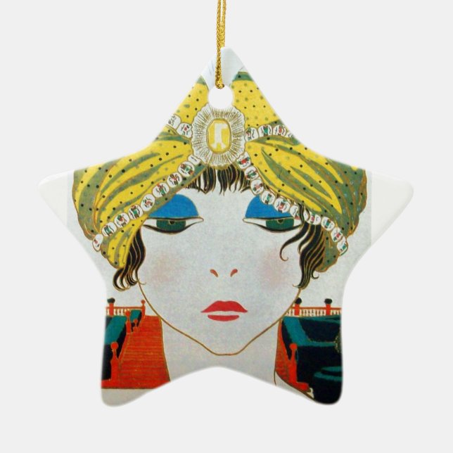 WOMAN WITH ORIENTAL YELLOW TURBAN Star Ceramic Tree Decoration (Front)