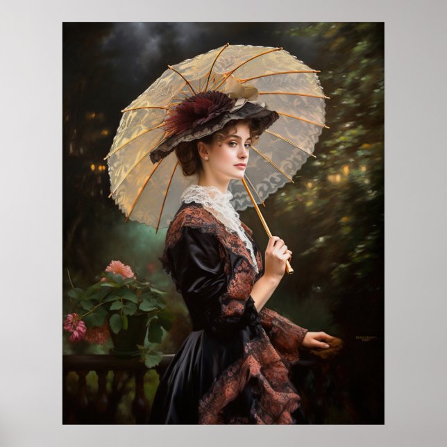 Woman with parasol walking in the garden poster (Front)