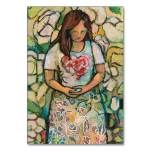 Woman with Patience prayer card, Romans 5 Table Number