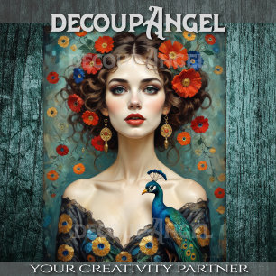 Woman with Peacock and Red Flowers in Art Nouveau  Tissue Paper