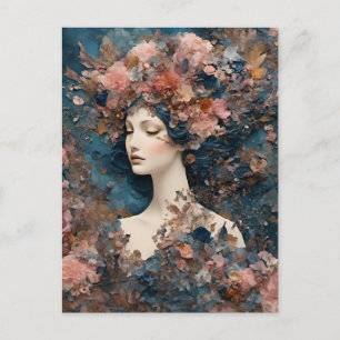 Woman with Pink Flowers Mixed Media Collage Postcard