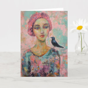 Woman with Pink Hair and a Bird on her Shoulder Card