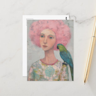 Woman with Pink Hair and a Bird Postcard