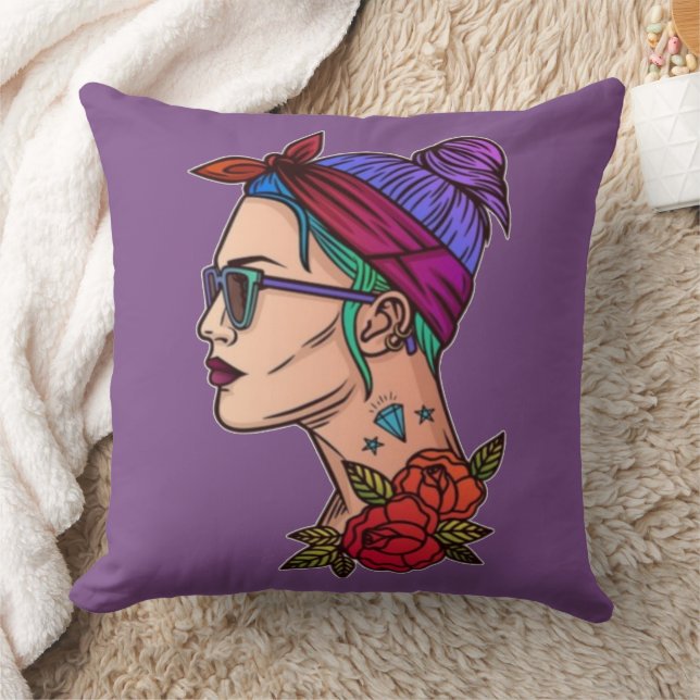 Woman with Pink Purple Hair Pink Roses Sunglasses Cushion (Blanket)