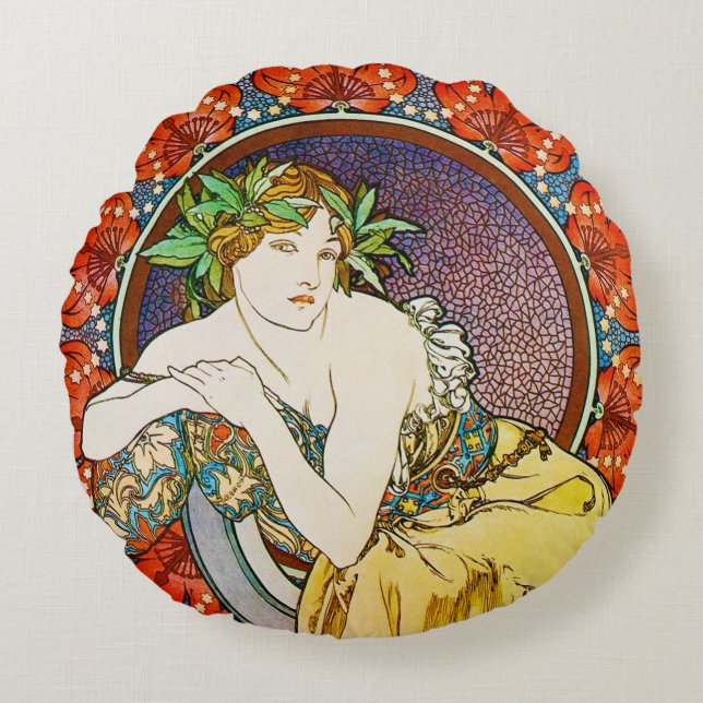 Woman with Poppy, Alphonse Mucha Throw Pillow (Front)