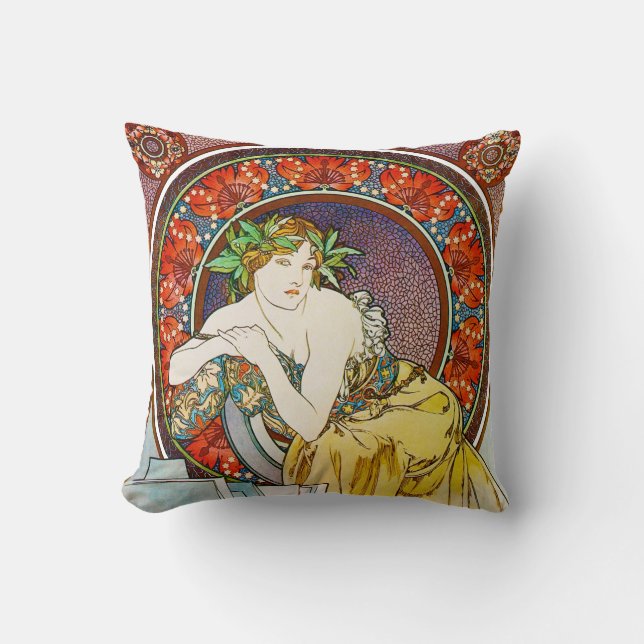 Woman with Poppy, Mucha Cushion (Front)