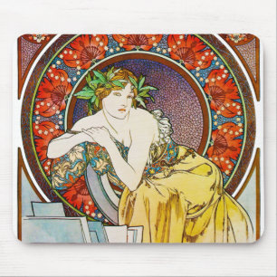 Woman with Poppy, Mucha Mouse Mat