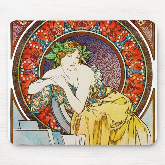 Woman with Poppy, Mucha Mouse Mat (Front)