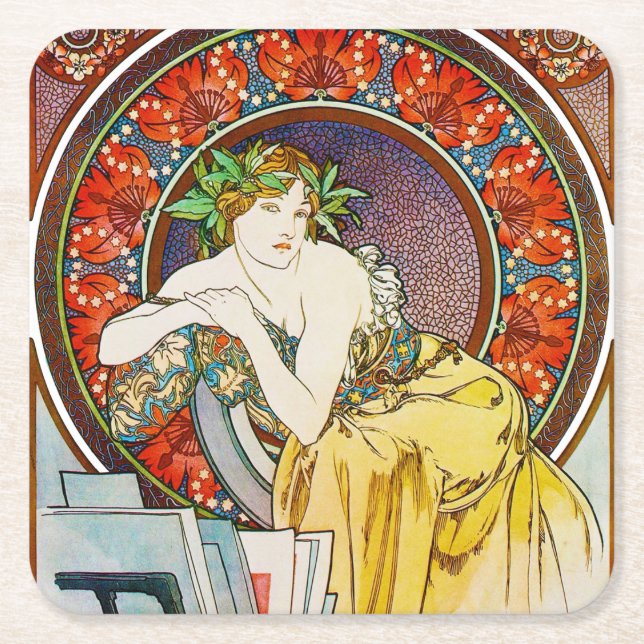 Woman with Poppy, Mucha Square Paper Coaster (Front)