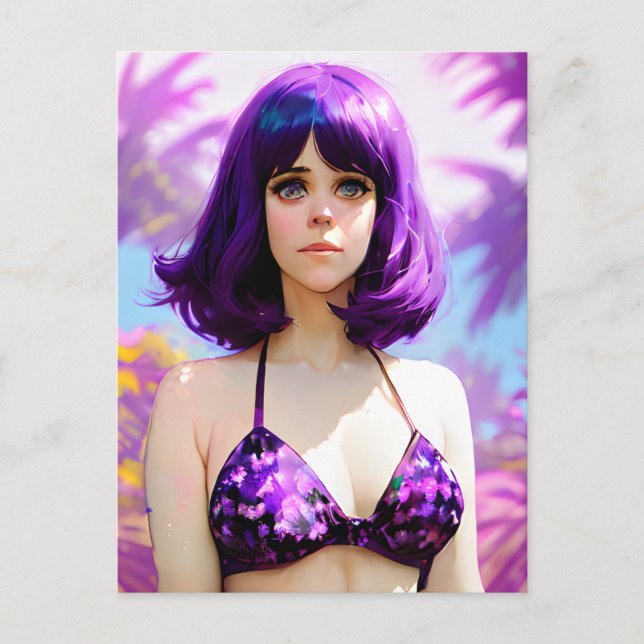 Woman With Purple Hair and Purple Bikini Postcard (Front)