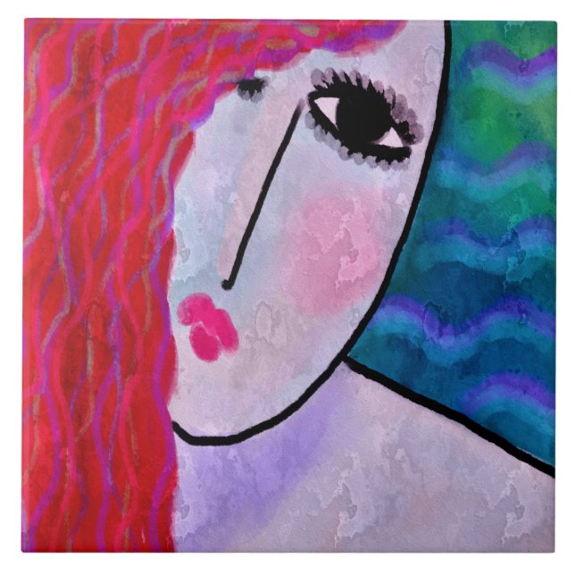 Woman with Red Hair 2 Abstract Digital Painting Tile (Front)