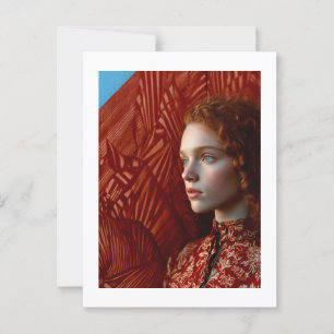 Woman with red hair by a painting of red horses postcard