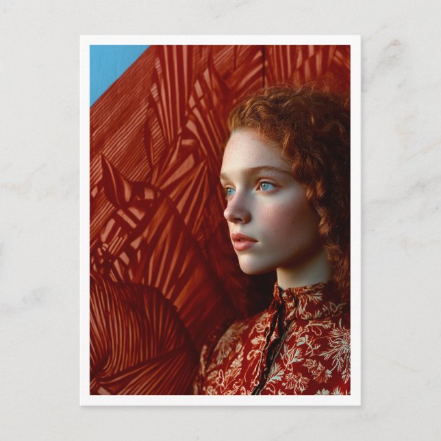 Woman with red hair by a painting of red horses postcard (Front)