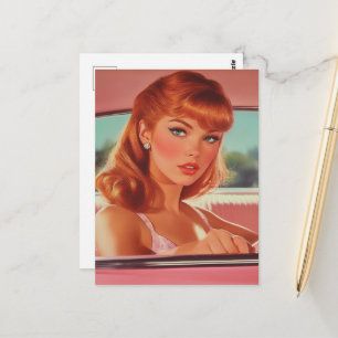 Woman With Red Hair in pink car Postcard