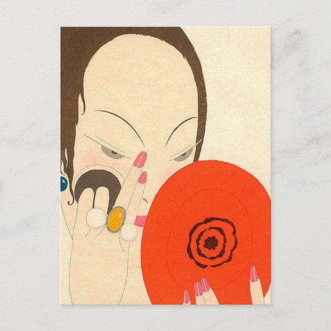 WOMAN WITH RED MIRROR Deco Beauty Fashion Makeup Postcard (Front)