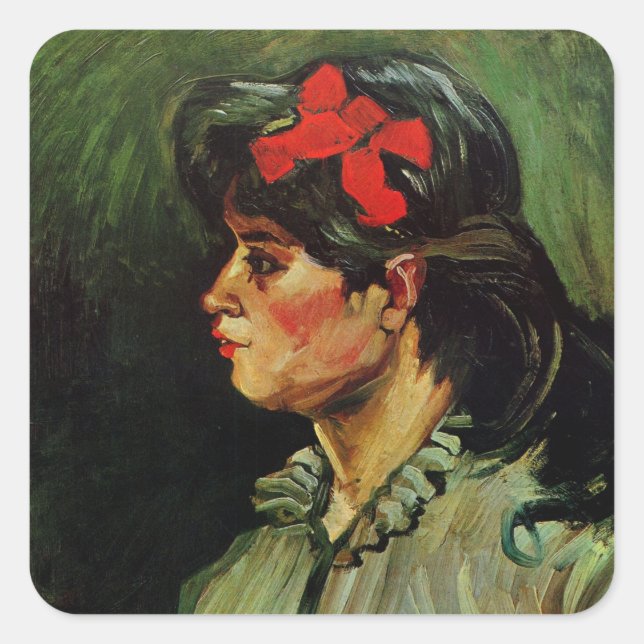 Woman with Red Ribbon Portrait by Vincent van Gogh Square Sticker (Front)