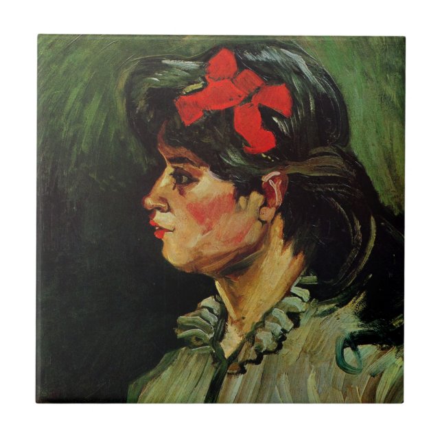 Woman with Red Ribbon Portrait by Vincent van Gogh Tile (Front)