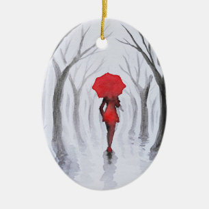 Woman with red umbrella ceramic tree decoration