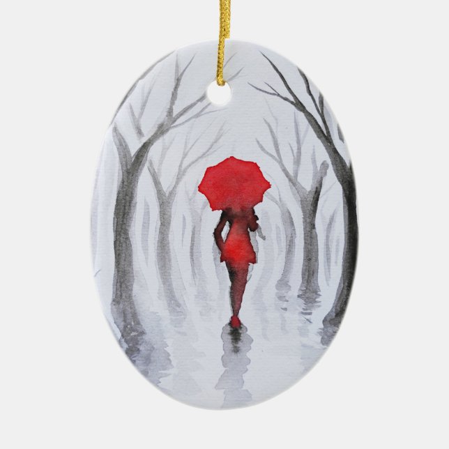 Woman with red umbrella ceramic tree decoration (Front)