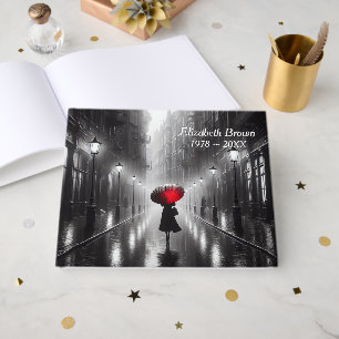 Woman With Red Umbrella for Memorial Service Guest Book