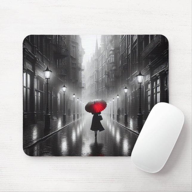 Woman With Red Umbrella In The Rain Mouse Mat (With Mouse)