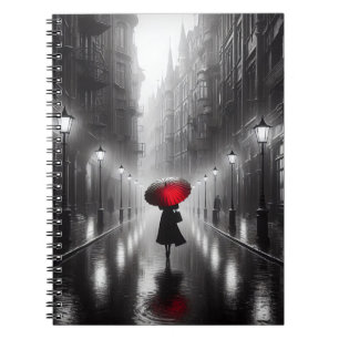 Woman With Red Umbrella In The Rain Notebook