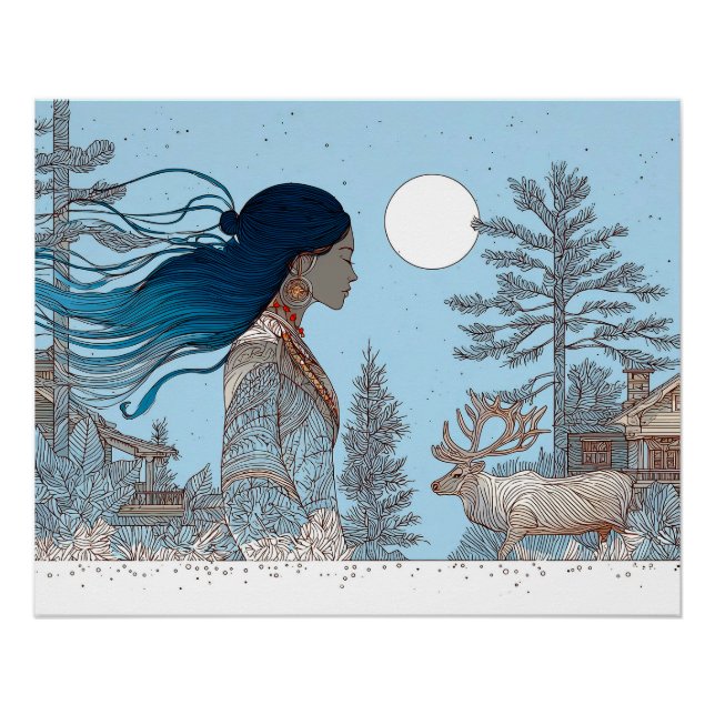 Woman with reindeer in the snow by log cabin poster (Front)