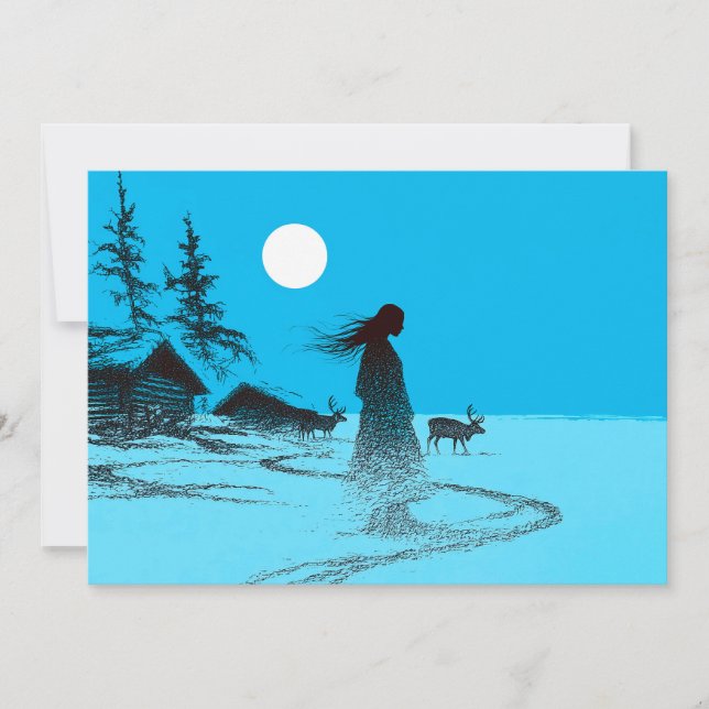 Woman with reindeer in the snow under a full moon holiday card (Front)